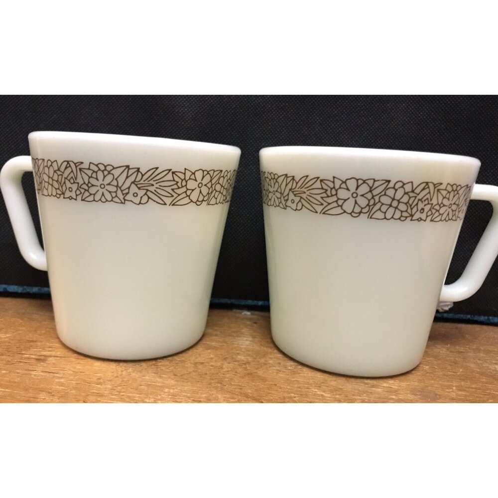 2 Vtg. Pyrex Woodland Mugs Milk Glass 10 Oz. Coffee Cups D Handles #1410 EUC